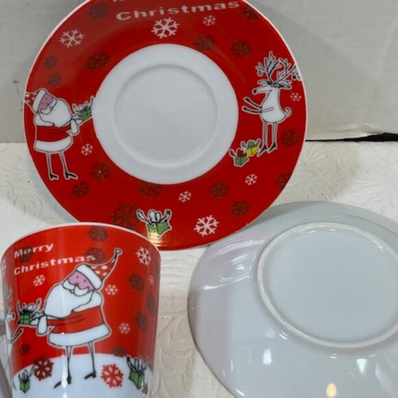 VTG 90's 2 Pc Set Christmas Porcelain Expresso Mini Cup/Saucer Santa & Reindeer - Picture 9 of 16